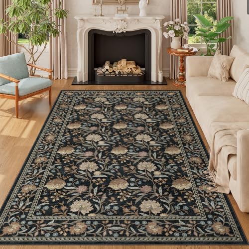 DUKINO 5x8 Area Rug, Vintage Floral Washable Rugs for Living Room, Black