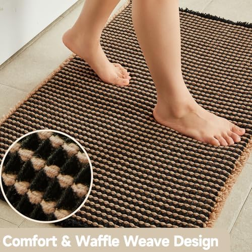 TYUU Waffle Bath Mat, Boho Bathroom Rugs Non Slip, 36x24 Khaki & Black