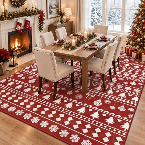 5x7 Christmas Holiday Area Rug, Washable Non‑Slip Low‑Pile Xmas Large Rugs for Living Room Bedroom Dining Room, Winter Indoor Christmas Home Decor(Red Sweater Bauble)