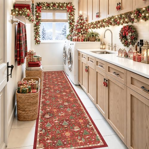 Christmas 2x10 Runner Rugs for Hallway, Red Non Slip Washable Kitchen Rug