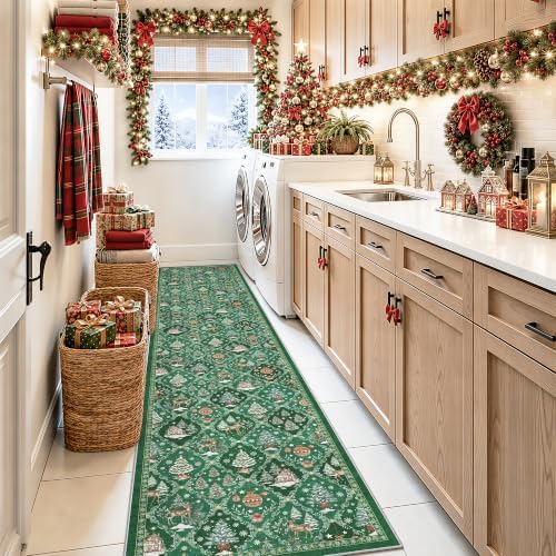 Christmas 2x10 Runner Rugs for Hallway, Green Non Slip Washable Kitchen Rug