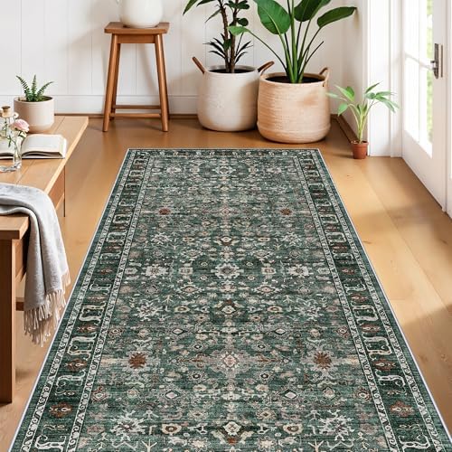 Washable Hallway Runner Rug 4x12: Green 12ft Runners for Hallways Non Slip
