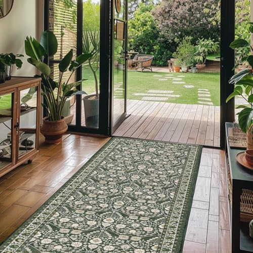 Non-Slip Runner Rug 2x6 for Kitchen: Carpet Runners for Hallway 6ft Washable Floral Boho Low Pile Soft Dark Green Rugs - Botanical Indoor Mats for Entryway Laundry Bedroom Bathroom