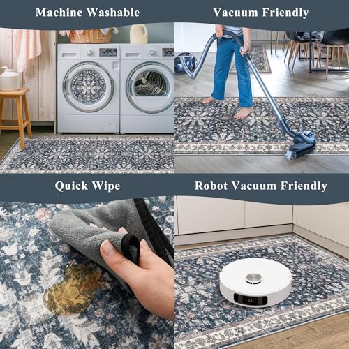 Washable Hallway Runner Rug 2x10: Non Slip Vintage Boho Carpet with Rubber Backing for Kitchen Entryway Hall Holiday Farmhouse Neutral Cream Long Runners (Blue,2'x10')