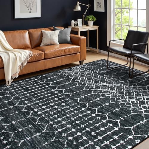 Lahome Moroccan Black 9x12 Rug for Living Room, Washable Non-Slip Ultra-Thin Stain Resistant Area Rug for Dining Room Table, Geometric Print Modren Indoor Carpet for Bedroom Office Hana
