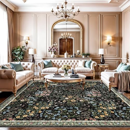 10x10 Square Area Rug Living Room: Boho Floral Washable Mat for Dining Room Bedroom Office High Traffic Area Soft Non Slip Low Pile Indoor Carpet for Vintage Farmhouse Home Decor (10ft Square, Black)