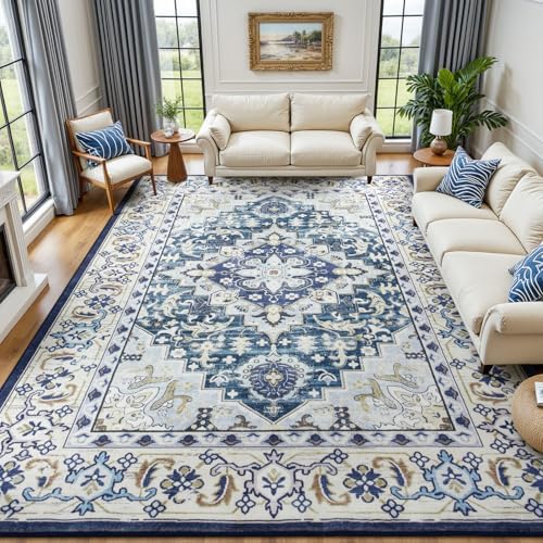 Lessymo 8 x 10 Area Rugs for Living Room, Washable Rug Faux Wool Dark Blue
