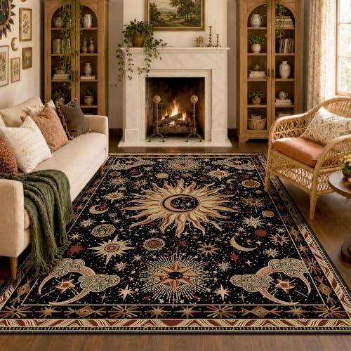 Vacuum-Friendly, 5x8 Washable Area Rug, Black Gold Beige Red