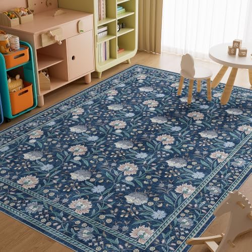 DUKINO 8x10 Area Rug Vintage Floral Washable Rug for Living Room, Dark Blue