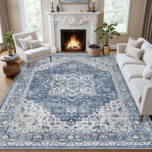 9x12 Area Rugs Living Room: Washable Vintage Rug for Bedroom Blue