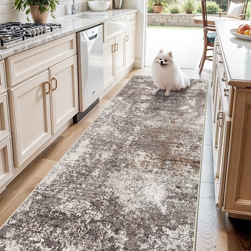 4x9 Wide Runner Rug for Hallway, Washable Non Slip Long Kitchen Rug, Soft Low Pile Carpet for Entryway Bedroom, Modern Abstract Area Rug (Brown Beige,4x9)