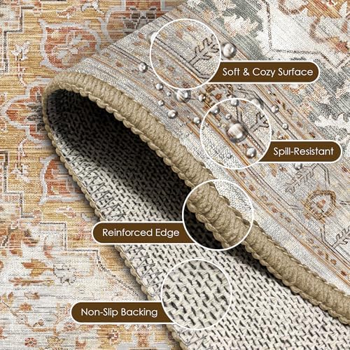 Washable Area Rug 2'6'' x 8' Vintage Traditional Persian Mat - Foldable Distressed Non-Slip Machine Washable Carpet for Living Room Bedroom Kitchen Home Decor - Dove Gray and Coral