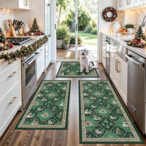 Christmas Decorations Kitchen Rugs Set of 3: Washable Non-Slip Kitchen Mat for Floor Snowman and Gnome Soft Vintage Farmhouse Runner Rug for Sink Floor Mats ＆Indoor, Hallway, Entryway, (Green)