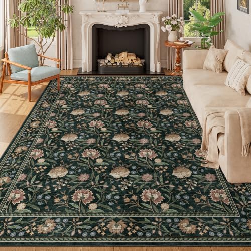 DUKINO 9x12 Area Rug for Living Room Vintage Floral Washable Rug Dark Green