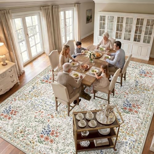 Large Washable Area Rug 12x15: Vintage Floral Distressed Botanical Rug - Machine Washable Non Slip Low Pile Soft Foldable Carpet - Great Room Open Concept Family Room Luxury Indoor Rug - 12'x15' Beige