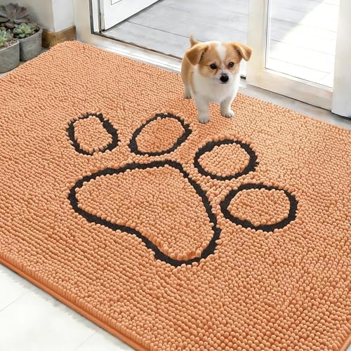 OLANLY Dog Door Mat for Muddy Paws 48x30, Paw Print Design Chenille Mud Mat