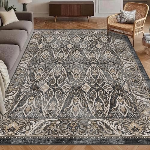 Washable Area Rug 8' x 10' Vintage Traditional Persian Mat - Foldable Distressed Non-Slip Machine Washable Carpet for Living Room Bedroom Kitchen Home Decor - Ebony and Taupe