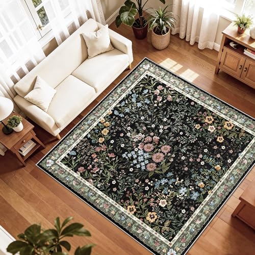 6x6 Washable Area Rug Living Room: Floral Non-Slip Washable Mat for Indoor Floor Dining Room Bedroom High Traffic Area - Soft Low Pile Carpet for Vintage Boho Home Decor (6ft Square, Beige)