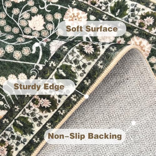 Non-Slip Runner Rug 2x6 for Kitchen: Carpet Runners for Hallway 6ft Washable Floral Boho Low Pile Soft Dark Green Rugs - Botanical Indoor Mats for Entryway Laundry Bedroom Bathroom