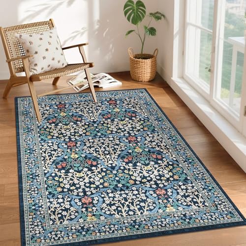 GarveeHome Blue Floral 3x5 Washable Area Rug for Nursery Bedroom