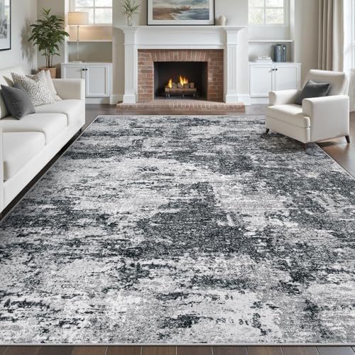 pmtsns Area Rugs 10x14 Living Room: Washable Rug Modern Abstract Neutral Soft Non-Slip Low-Pile Indoor Large Carpet for Bedroom Dining Room Playroom Home Office (Black Grey, 10'x14')