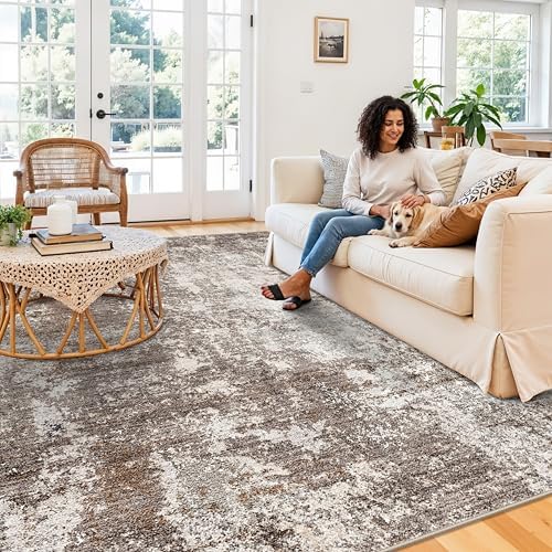 8x10 Washable Living Room Rug – Modern Neutral Abstract Large Area Rug for Bedroom Dining Room Kitchen Home Office Under Table – Non-Slip Low Pile Soft Thin Indoor Carpet (Brown Beige,8x10)
