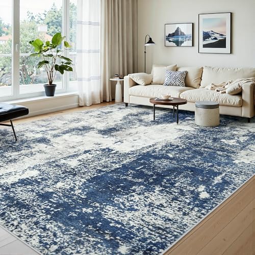 8x10 Area Rugs for Living Room Large Washable Abstract Blue Carpets
