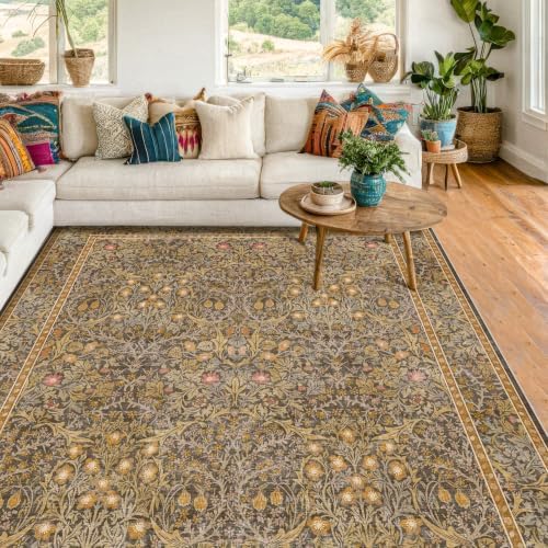 Washable Brown Oriental 5x8 Area Rug for Living Room, Dining Room, Low Pile Non-Slip Floor Carpet for Bedroom - Vintage Floral Design & Stain Resistance