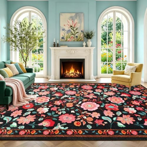 8x10 Ft Washable Area Rug for Living Room Black Vintage Floral Carpet