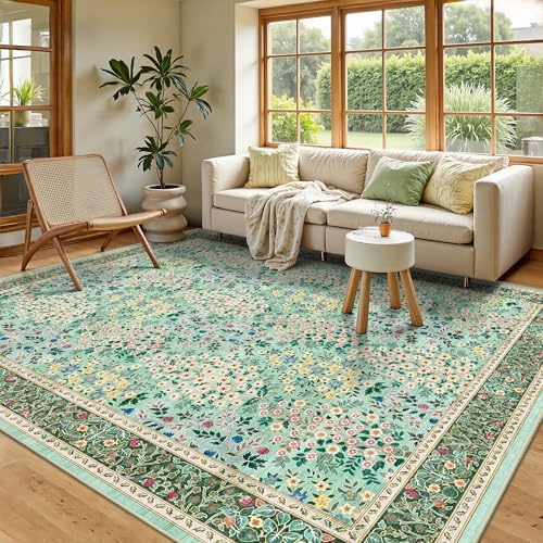 6x9 Area Rugs, Washable Floral Area Rugs for Living Room, Indoor Area Rug for Bedroom, Dining Room, Low Pile Non-Slip Non Shedding Rug(Green Floral)