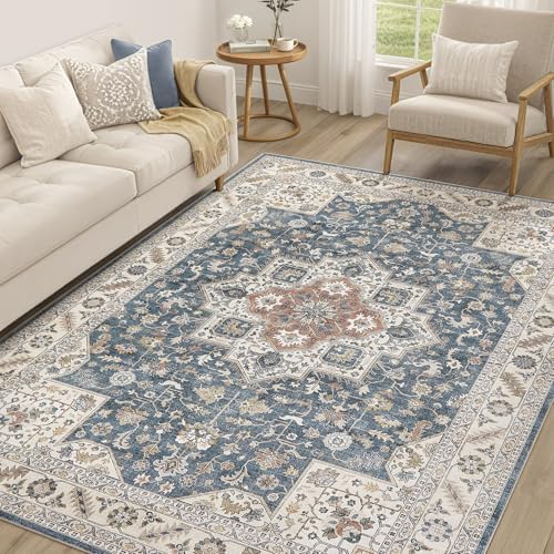 cotiled 5x8 Area Rug for Living Room, Washable, Traditional, Vintage Blue