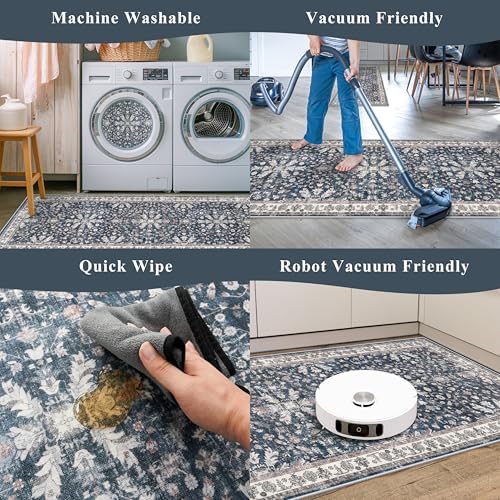 Kitchen Mats Set of 2 Washable Non-Slip – Soft Low Pile Boho Decorative Runner Rugs for Kitchen Floor, Sink & Stove, Kitchen Decor (Blue, 2x3+2x4)