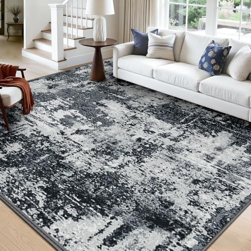 RELEANY Washable 7'x10' Abstract Area Rug for Living Room Black White