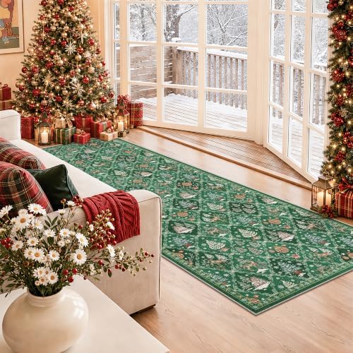 Christmas 3x8 Washable Kitchen Runner Rug, Green Non Slip Low Pile Rug