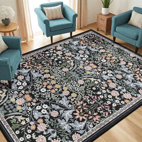 PLHXFR 6x9 Area Rug Living Room: Floral Washable Boho Carpet Dark Black
