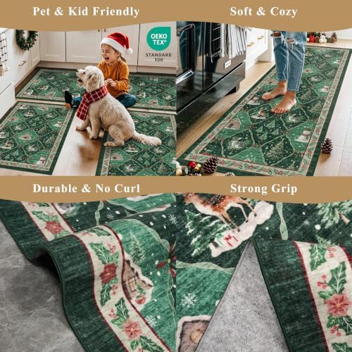 Christmas Decorations Kitchen Rugs Set of 3: Washable Non-Slip Kitchen Mat for Floor Snowman and Gnome Soft Vintage Farmhouse Runner Rug for Sink Floor Mats ＆Indoor, Hallway, Entryway, (Green)