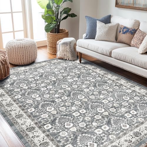 3x5 Entryway Area Rug: Light Blue & Grey Persian Floral Small Area Rugs, Washable Non-Slip Throw Rug,Under Table Carpet Rugs for Bedroom 3x5,Kitchen Mat