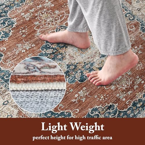 Ksrau 3x8 Runner Rug Washable Vintage: Non Slip Kitchen Runners Brick/Blue