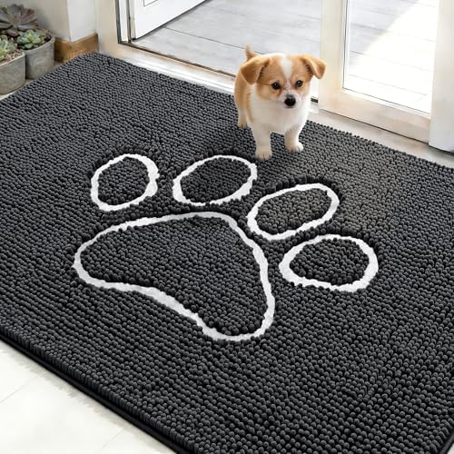 OLANLY Dog Door Mat for Muddy Paws 48x30, Paw Print Design Chenille Mud Mat