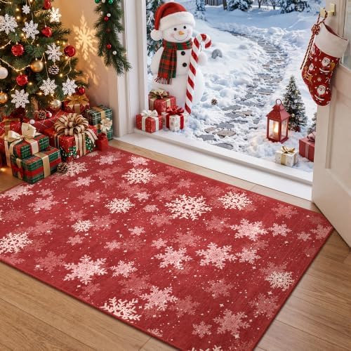 2x3 Christmas Rug,Small Washable Entryway Rug Non Slip,Red