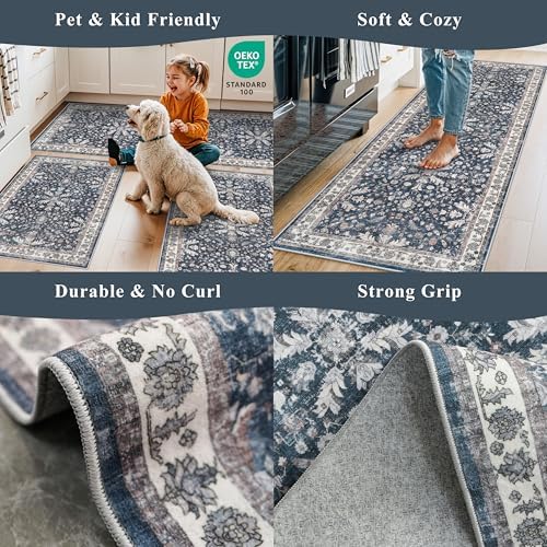 Kitchen Mats Set of 2 Washable Non-Slip – Soft Low Pile Boho Decorative Runner Rugs for Kitchen Floor, Sink & Stove, Kitchen Decor (Blue, 2x3+2x4)
