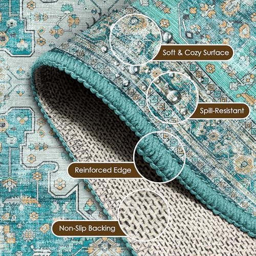 Washable Area Rug 9' x 12' Vintage Traditional Persian Mat - Foldable Distressed Non-Slip Machine Washable Carpet for Living Room Bedroom Kitchen Home Decor - Teal and Gold
