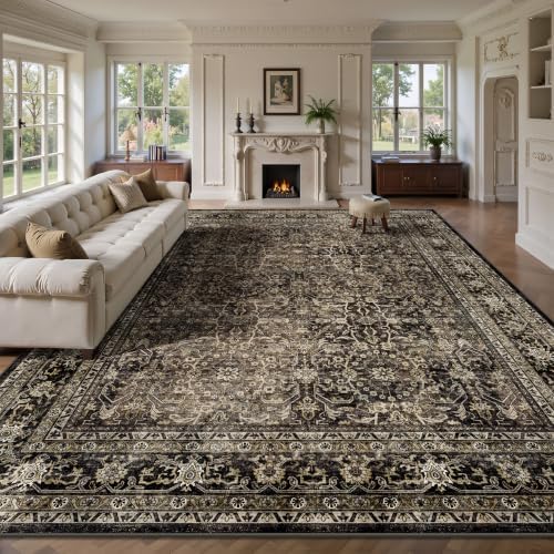 10x14 Area Rugs for Living Room - Washable Vintage Retro Large Rug, Soft Ultra Thin Non Slip Low Pile Traditional Distressed Boho Carpet for Bedroom Dining Room Home Office, Brown