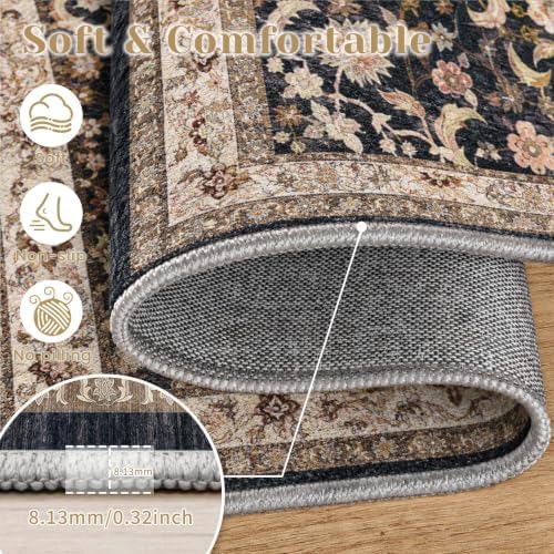 9x12 Area Rugs for Living Room: Washable Large Vintage Floral Rug Low Pile Non-Slip Boho Carpet for Bedroom Dining Home Office (Black, 9'x12')