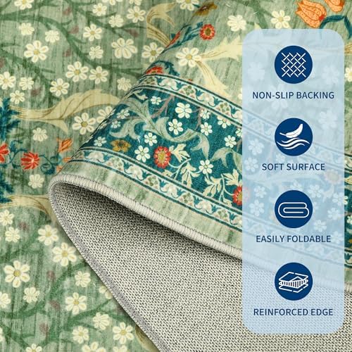 GarveeHome Floral 3x5 Area Rugs for Entryway, Washable Kitchen Rug Non Slip, Low Pile Bedroom Rug, Ultra Soft Stain Resistant Small Carpet for Laundry Room, Sage Green