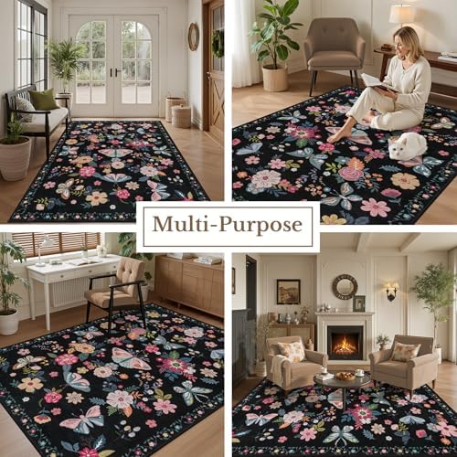 10x14 Area Rug Living Room: Soft Floral Washable Carpet Black