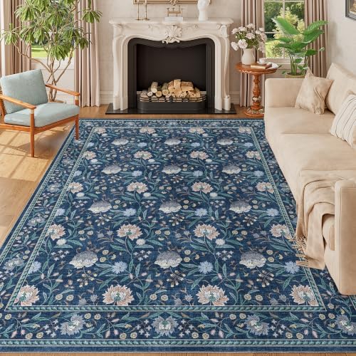 DUKINO 8x10 Area Rug Vintage Floral Washable Rug for Living Room, Dark Blue