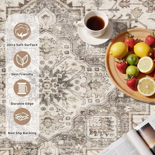 cotiled 8ft Round Living Room Area Rug, Washable, Traditional, Light Brown