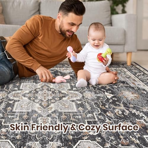 cotiled 9x12 Area Rug for Living Room, Washable, Traditional, Black