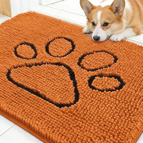 OLANLY Dog Door Mat for Muddy Paws 30x20, Paw Print Design Chenille Mud Mat